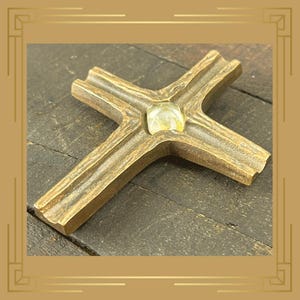 Vintage Brass Cross with Gemstone Center Catholic Religious Tabletop or Wall Hanging Decor