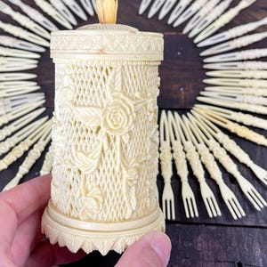 Vintage Celluloid Appetizer Hors D&#39;oeuvre Cocktail Picks 56 Forks with Holder Party Serving Accessory