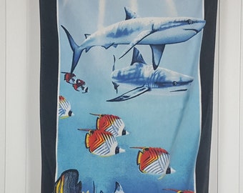 Vintage Beach Towel Atlantic Beach NC Souvenir 56 inch Underwater Ocean Sharks & Fish Theme 1980s Pool Bath Towel 100% Cotton Adult or Child