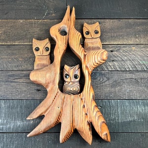 Vintage Wooden Owl Wall Art Hanging Hand Carved Pyrography Folk Art Three Night Owls in Tree 1970s Bohemian Large Dimensional Wood Owl Décor
