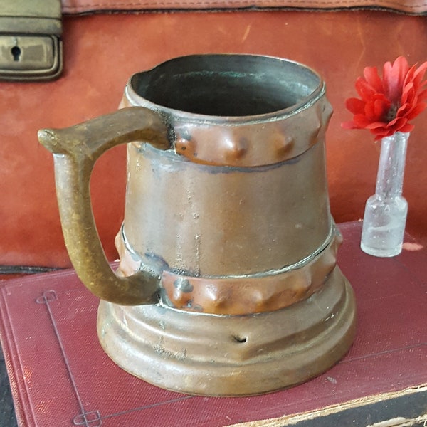 Vintage Brass & Copper Tankard  Primitive Rustic Brass Beer Mug Hammered Metal Bronze Vessel Steampunk Prop Man Cave Bohemian Bar Dad Gift