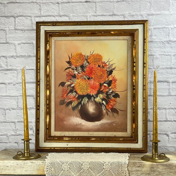 Vintage Impasto Floral Still Life Painting Artist Signed Sonia Gil Torres Original Oil on Canvas Framed Flowers in Vase Statement Wall Art