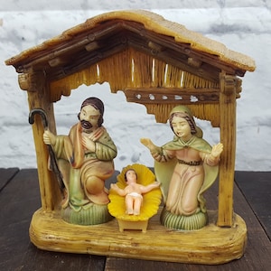 Vintage Versailles Christmas Creche Small Tabletop Nativity Stable Joseph Mary and Jesus in Manger Rustic France Folk Art Xmas Friend Gift