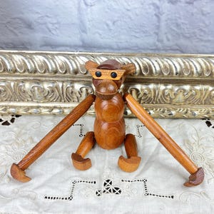 Vintage Wooden Articulated Monkey Hand Carved Teak Wood Hanging Jointed Monkey Figurine MCM Bohemian Scandinavian Art Kay Bojesen Style