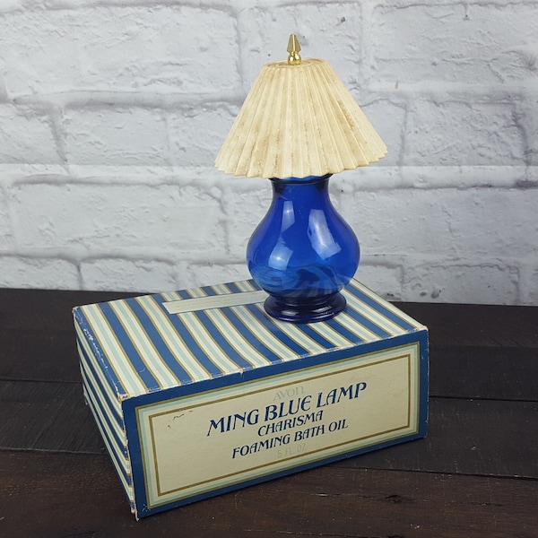 Vintage Avon Ming Blue Lamp in Original Box Blue Glass Lamp 1970s Cottage Chic Vanity Decor Vintage Advertising Avon Collector Decor