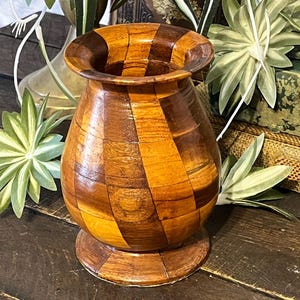 Vintage Inlaid Wood Vase Hand Carved Patchwork Bud Vase Rustic Boho Decor