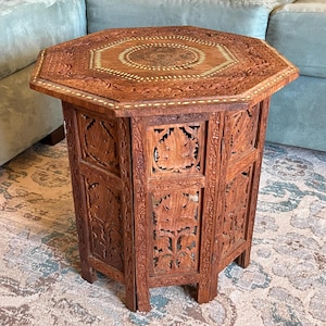Vintage Hand Carved Indian Octagonal Table Bone and Copper Inlay Folding Wooden Side Table