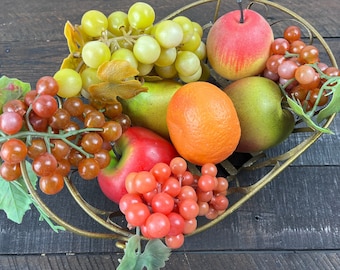 Vintage Artificial Fruit 9 Piece Assorted Plastic Peach Orange Pear Apples and Grapes Faux Fruit for Centerpiece Mid Century Kitchen Decor