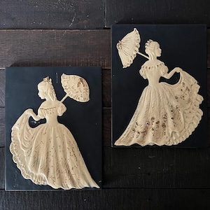 Vintage 1940s Chalkware Wall Art Victorian Lady and Parasol Art in Relief by Alice Cranston Fenner Wall Hanging Hollywood Regency Home Decor