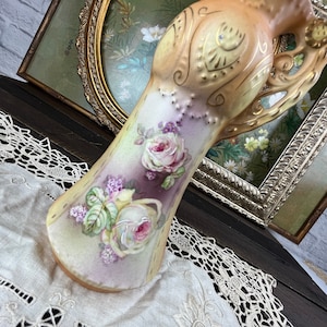 Vintage Austrian Floral Vase by Robert Hanke Hand Painted Collectible Porcelain Handled Pitcher Vase Art Nouveau Parisian Home Decor Gift