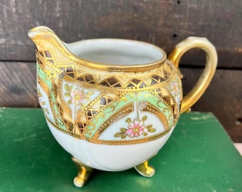 Vintage Nippon Porzellan Milchkännchen Moriage Handgemaltes Gold Floral Footed Antik Japan 1911-1921