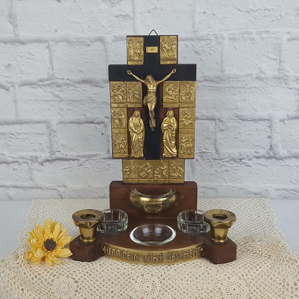 Vintage 14 Stations of the Cross Home Altar Catholic Relic Wood & Brass Crucifix Jesus Christ Primitive Rustic Wooden Cross Religious Gift