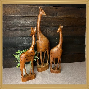 Vintage Family of Giraffe Figurines Hand Carved African Wood Giraffe Sculptures Mother and Two Calves Hinduism Pooja Room Decor Table Art