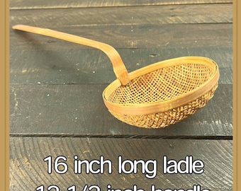 Vintage 16-inch Woven Bamboo Ladle Wicker Basket Spoon Rustic Asian Folk Art