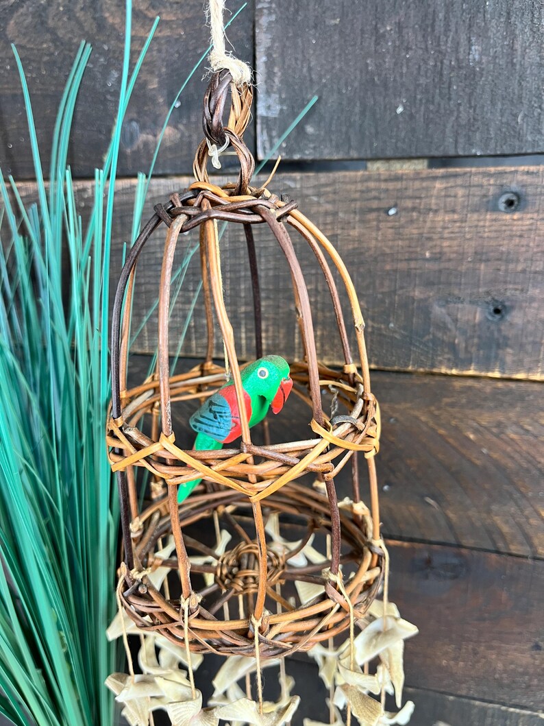 Picture of Vintage Hanging Mobile Wood Parrot in Rattan Bird Cage Seashell Wind ...