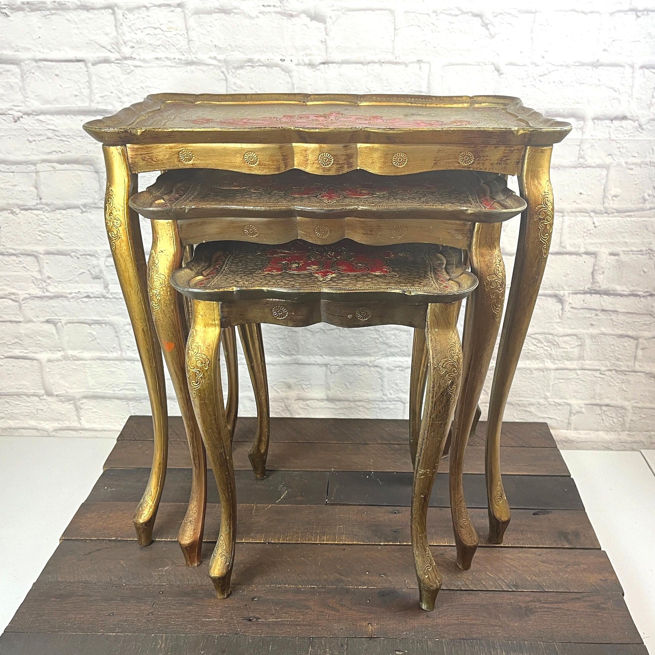 Vintage Italian Florentine Nesting Tables Red and Gold Side Accent