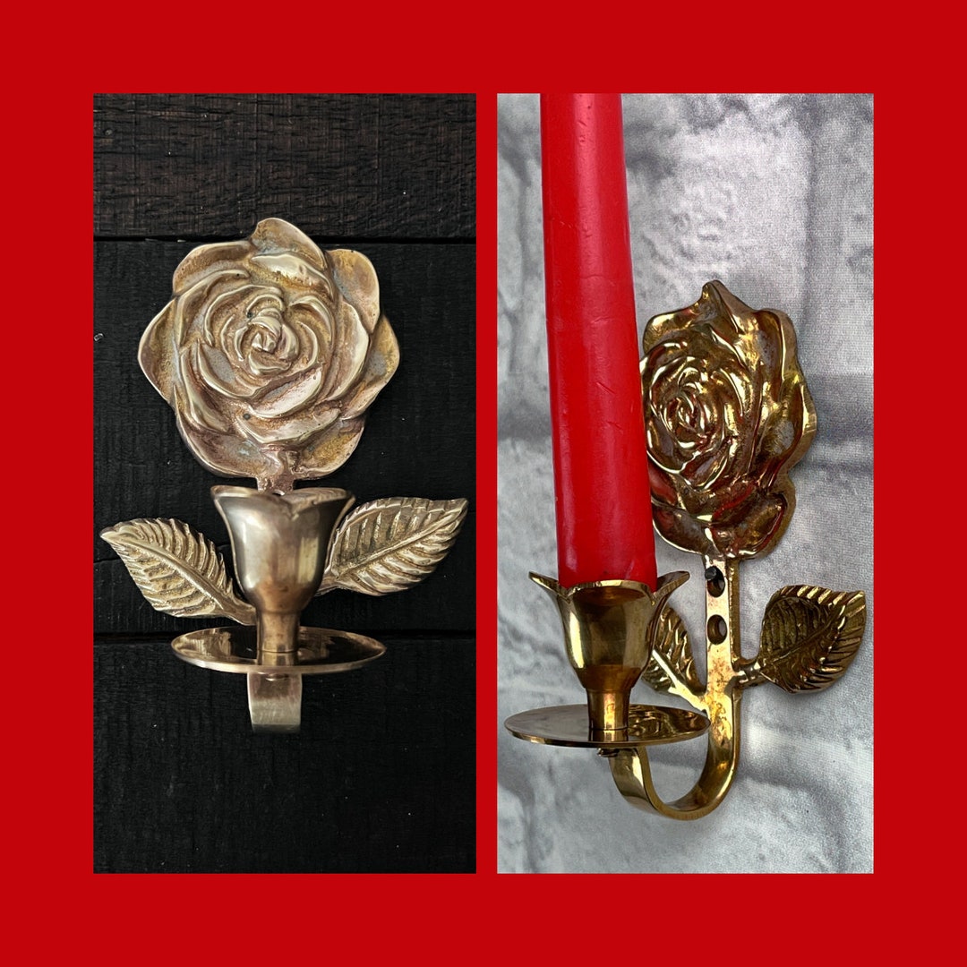 Vintage Brass Flower Candle Holder Wall Mounted 1970s India Gold Rose