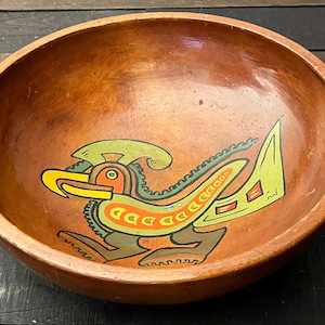 Vintage Aztec Bird Tole Painted Round Wooden Bowl Hand Turned Rustic Mayan Primitive Folk Art Decor Round Table Centerpiece Boho Wood Bowl