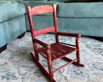 Vintage 1960s Childrens Wooden Red Rocking Chair Toddlers Handcrafted Rocker Rustic Wooden Furniture Doll Display Photographer Childs Prop