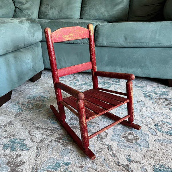 Vintage 1960s Childrens Wooden Red Rocking Chair Toddlers Handcrafted Rocker Rustic Wooden Furniture Doll Display Photographer Childs Prop
