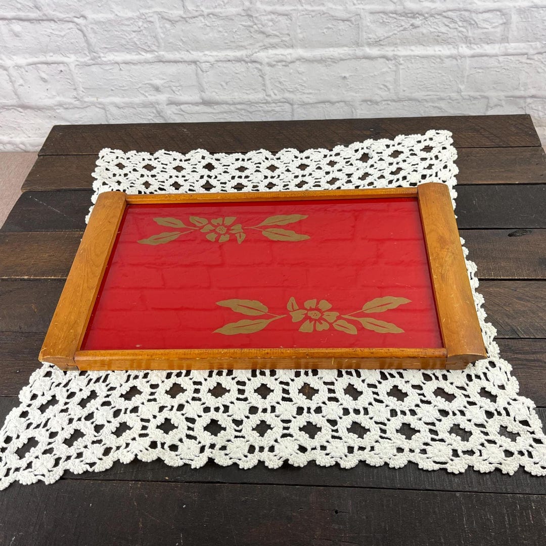 Vintage Red Glass Serving Tray Gold Floral Wood Handles 1970s Boho ...