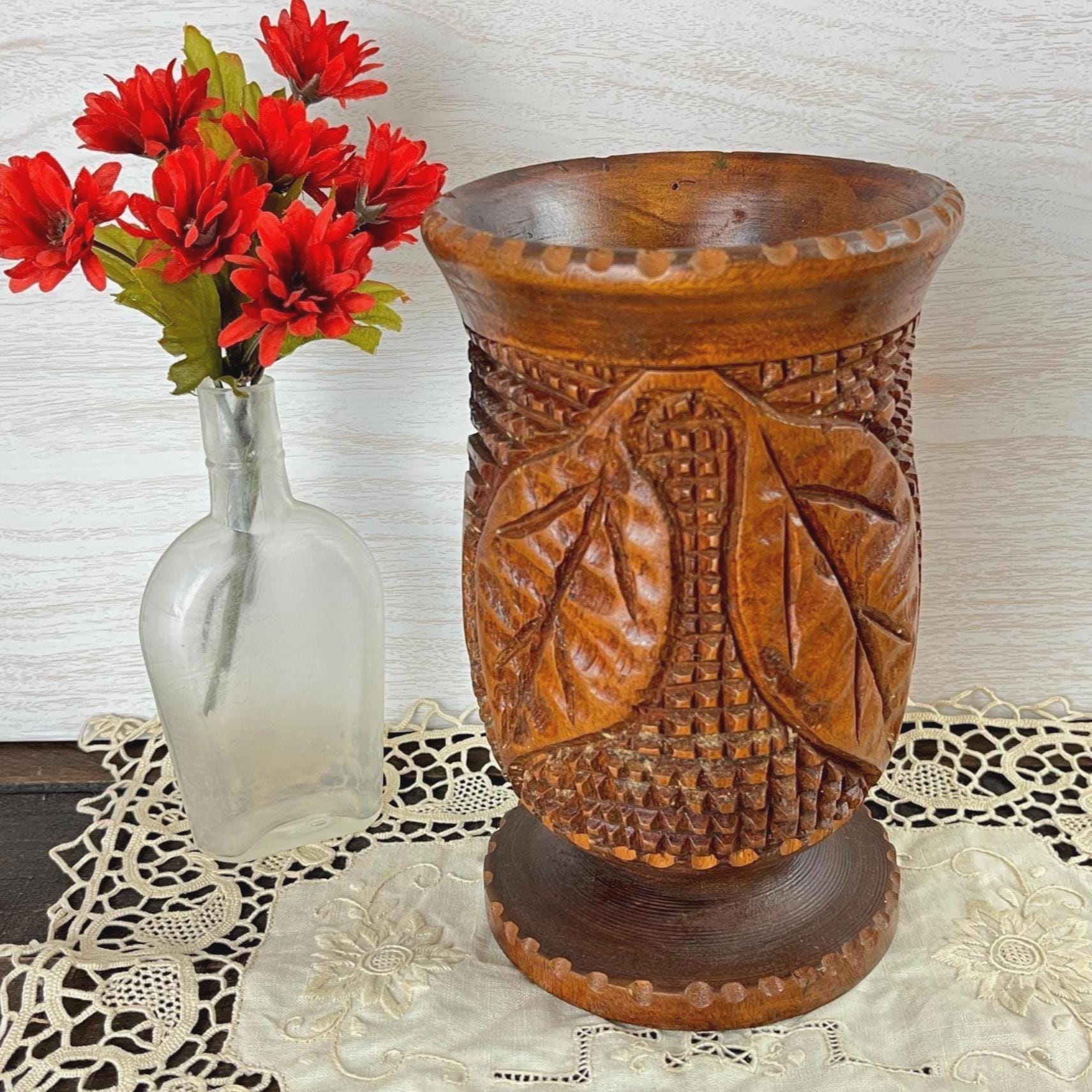 ヴィンテージ 手彫り 木製 花瓶 花 葉 モチーフ ダークウッド スチーム