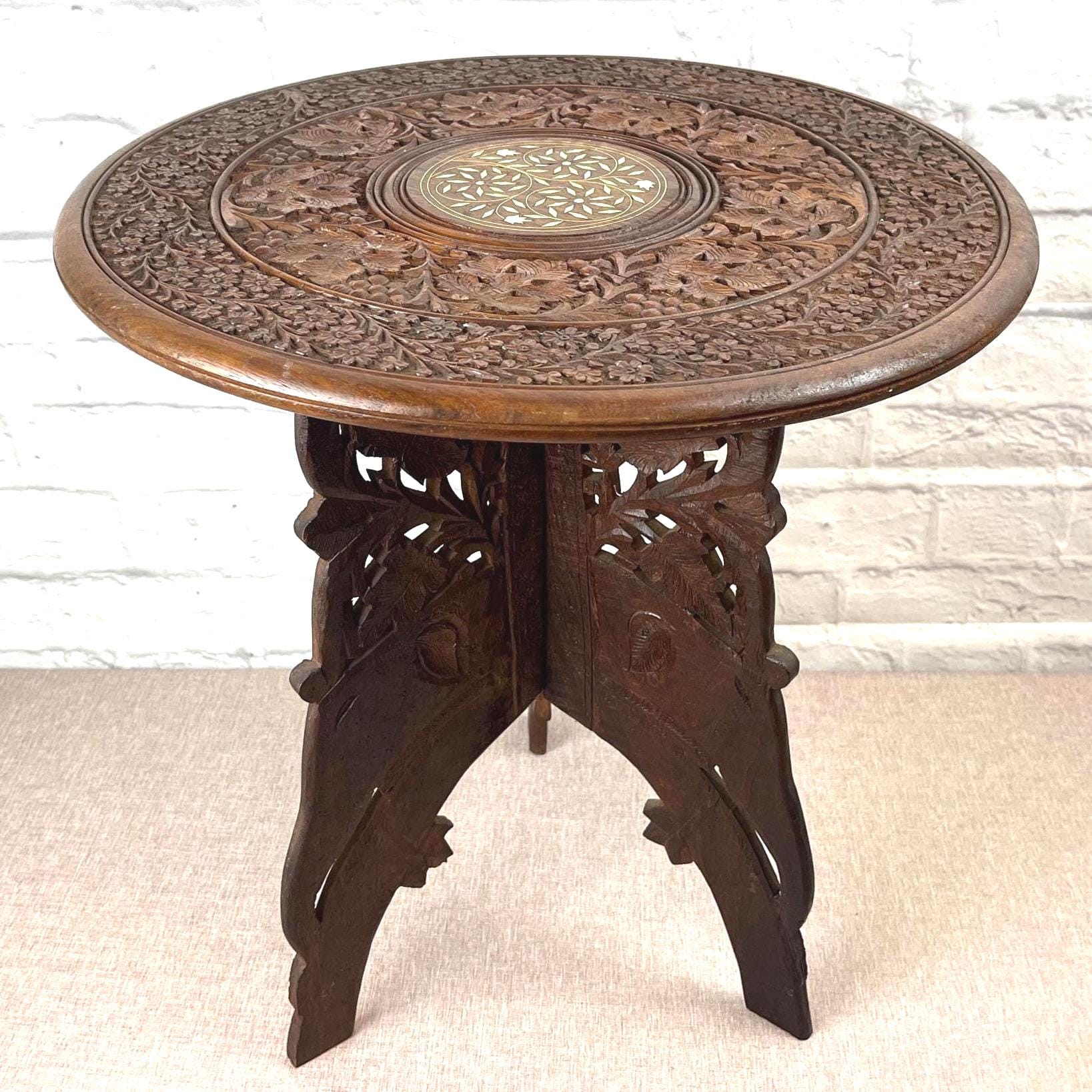 美品 ヴィンテージ 東インド 木彫り 折り畳み サイドテーブル Vintage Indian Carved Wood Table Pearl Inlay Boho Side Table Plant