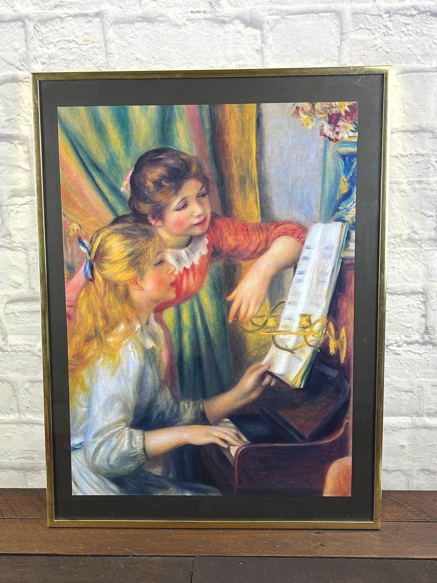 ヴィンテージ額入りルノワール版画「ピアノを弾く二人の少女」ガラス