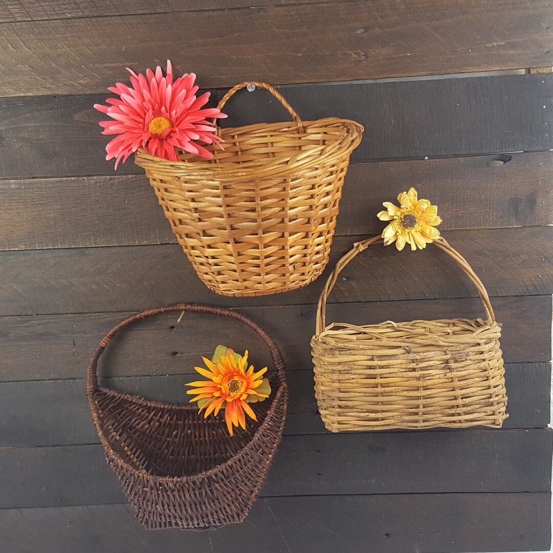 Vintage Rattan Wall Pocket Basket 1970s Bohemian Hanging Indoor Wicker
