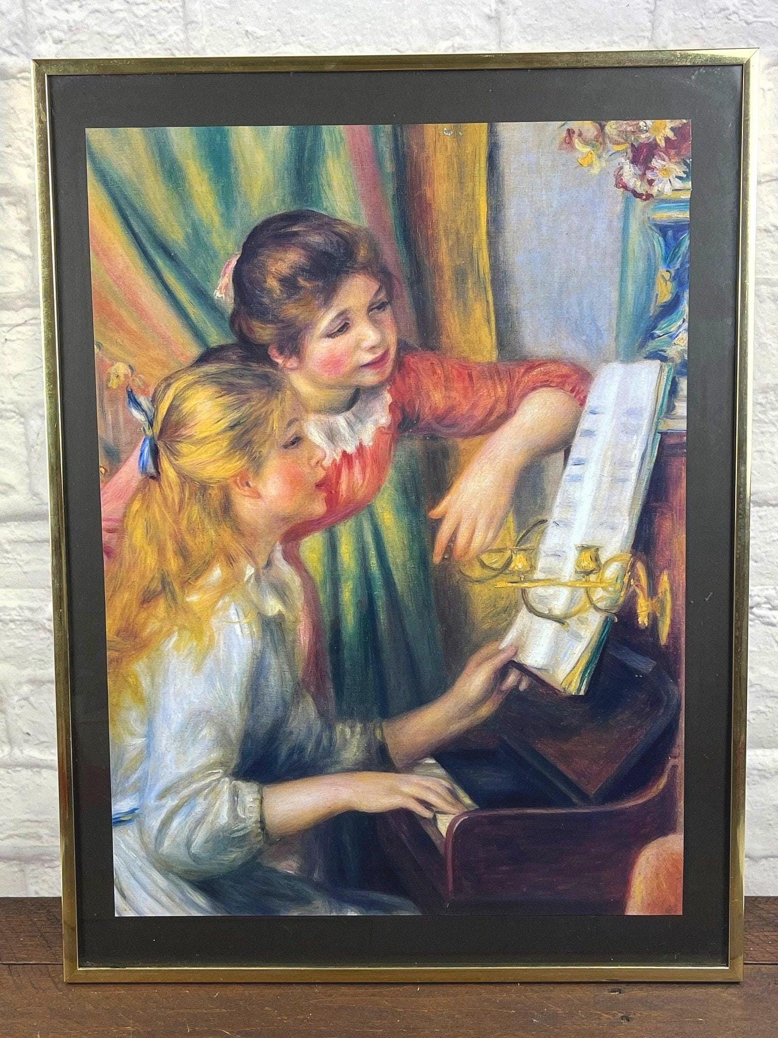 ヴィンテージ額入りルノワール版画「ピアノを弾く二人の少女」ガラス