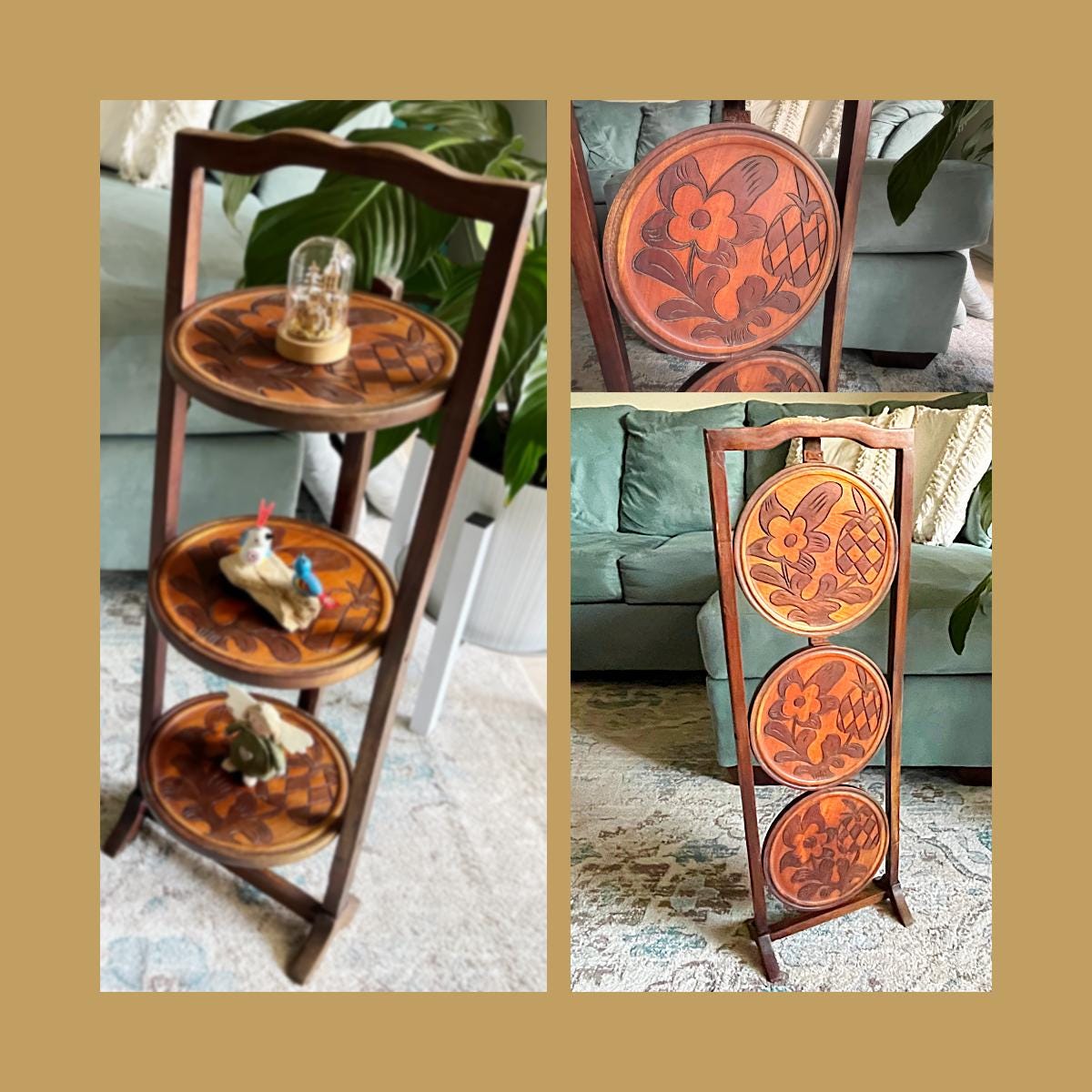 Vintage 3-tier Wooden Pie Stand Folding Plant Stand With Pineapple ...
