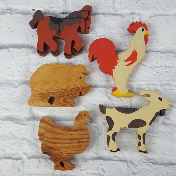 Vintage Wooden Farm Animal Cutouts 5 Set Wood Pretend Play Animal Figures Horse Pig Chicken Rooster Goat Childs Room Decor Country Farmhouse