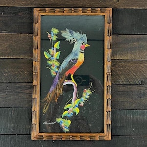 Vintage Feathercraft Exotic Bird Feather Wall Art Hanging Ornate Hand Carved Wooden Frame Colorful Mixed Media Gallery Wall Mexican Folk Art