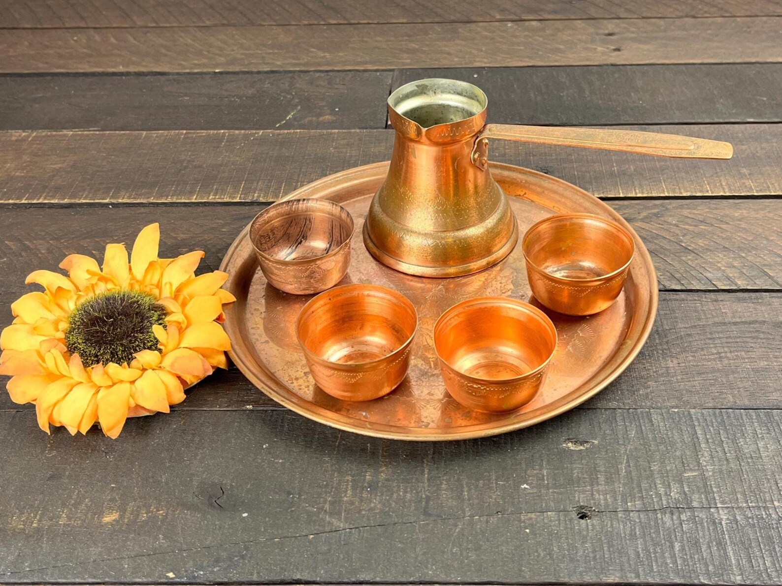 Vintage Turkish Copper Tea Set by Ezerka Ohrid Round Serving Tray ...