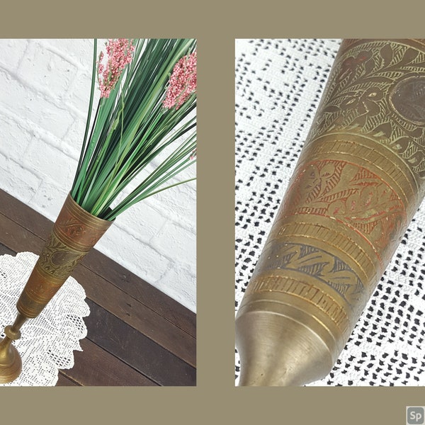 Vintage Etched Brass Turkish Bud Vase Ornate Design 1970s Bohemian Bronze Decorative Flower Vase Rustic Home Decor Gift Under 20