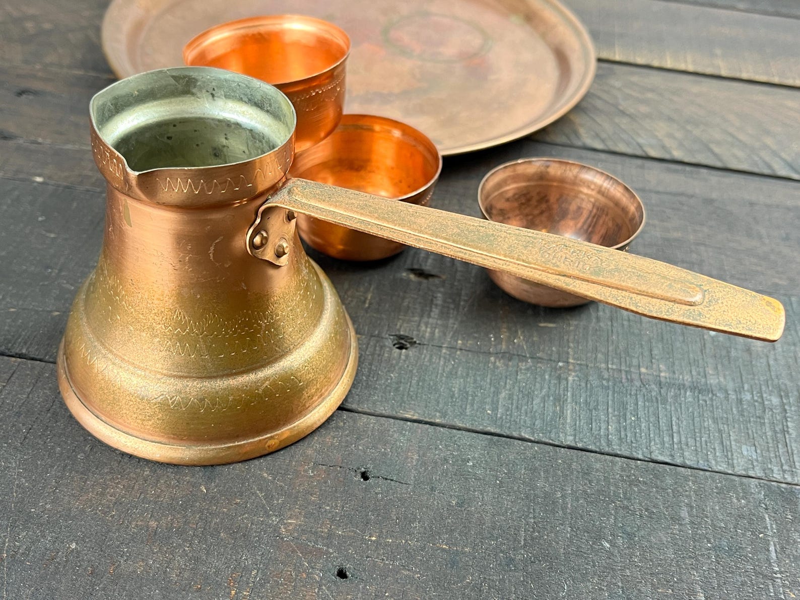 Vintage Turkish Copper Tea Set by Ezerka Ohrid Round Serving Tray ...