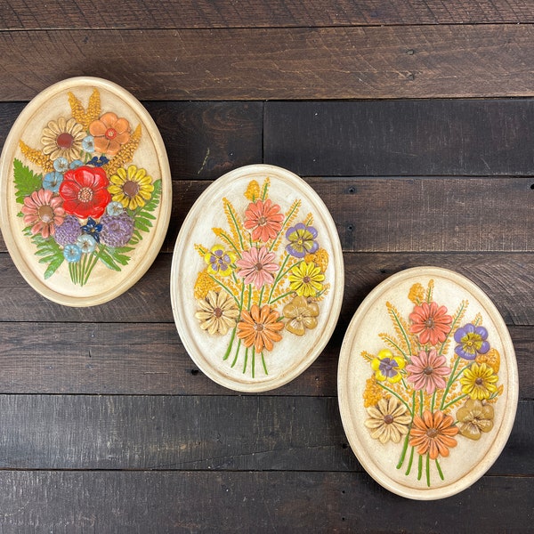 Vintage 1980s Hand Painted Floral Wall Hanging Plaque Assorted Bouquet of Flowers Rainbow Colors Bohemian Home Wall Decor Gallery Wall Set