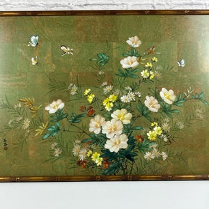 Vintage 1970s 35x25 Floral Still Life Butterflies and Flowers Wall Art Faux Bamboo Large Framed Hardboard Panel Asian Art Boho Wall Hanging