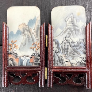 Vintage Dollhouse Mini Room Divider Japanese Furniture Miniature Folding Screen Hand Painted Slate of Mountain and Tree Scene East Asian Art