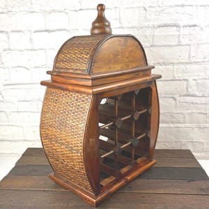 Vintage Wine and Liquor Storage Rack with Dome Top and Secret Compartment Holds 9 Bottles Rattan Bottle Cabinet Rustic Boho Home Bar Decor