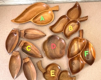 Vintage Monkey Pod Wood Serving Trays Midcentury Divided Entertaining Snack Dishes Tropical Boho Rustic