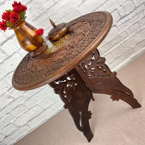 Vintage 19-inch Pearl Inlayed Wood Accent Table 1970s Ornate Carved Round Plant Stand Side Table Boho Made in India Wooden Rustic Home Decor