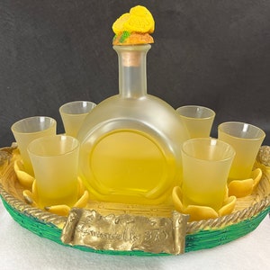 Set di liquori Limoncello Vintage con bottiglia decanter in vetro, 6 bicchierini e vassoio da portata decorato. Set di articoli da bar per liquori italiani con motivo a limoni.