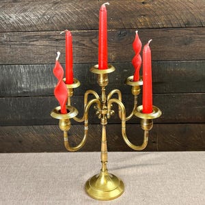Vintage Five-Arm Solid Brass Candelabra Hand Made Candle Holder Lighting by Williamsburg Pottery Factory Rustic 1970s Boho Gold Home Decor