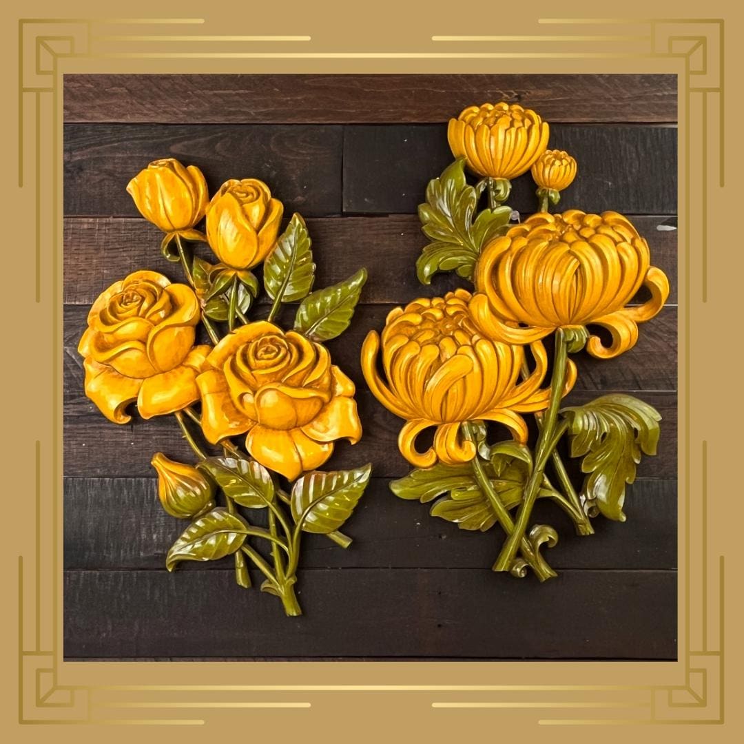 リアルフラワー　２４Ｋ　ピュアゴールド　壁掛け　置物　ヴィンテージ　レトロ Vintage Floral Wall Hanging Yellow Roses and Mums Syroco Flower