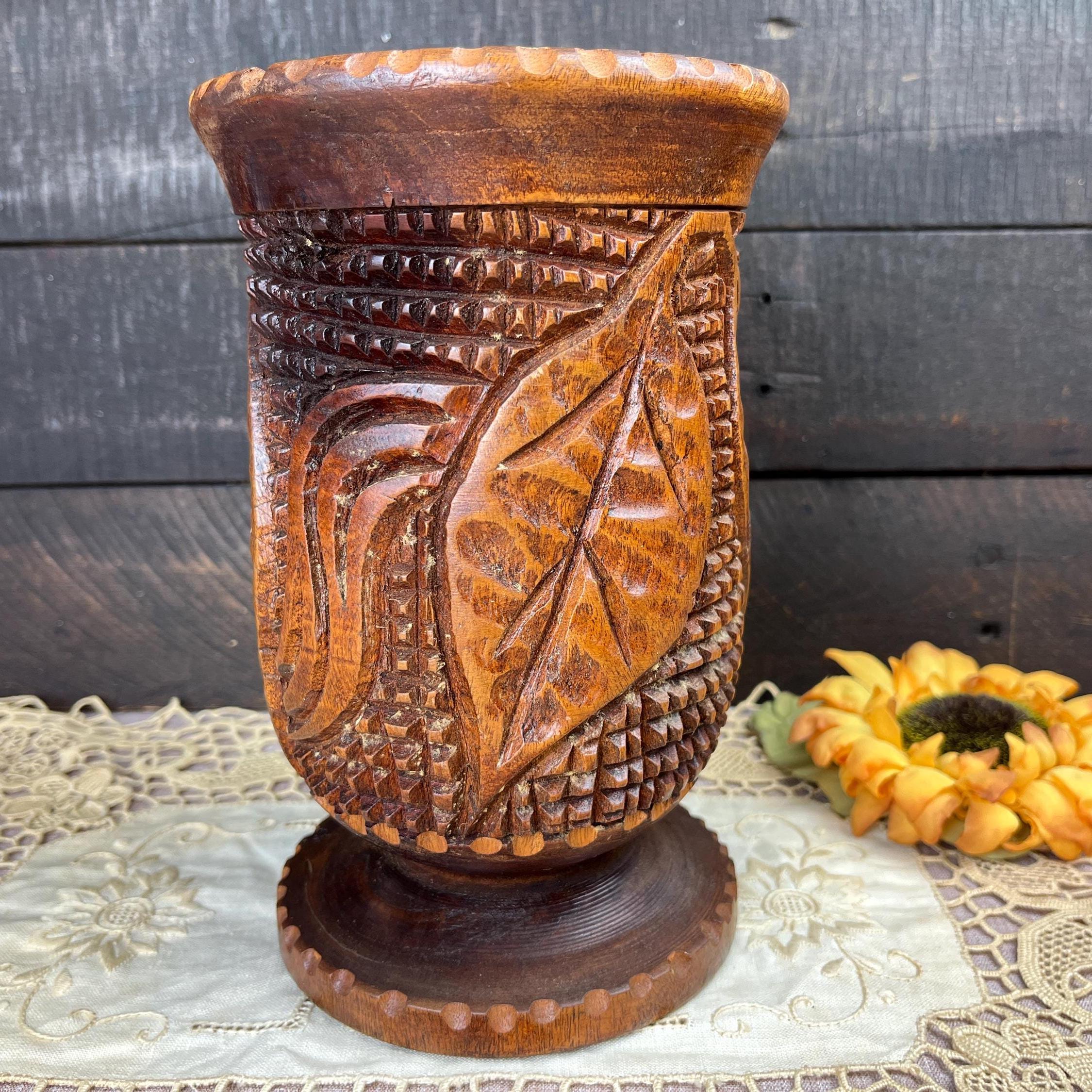ヴィンテージ 手彫り 木製 花瓶 花 葉 モチーフ ダークウッド スチーム