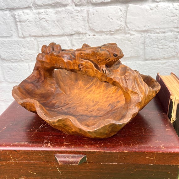 Vintage Hand Carved Wooden Bowl, Bird and Berry Folk Art Centerpiece Primitive Rustic Decor