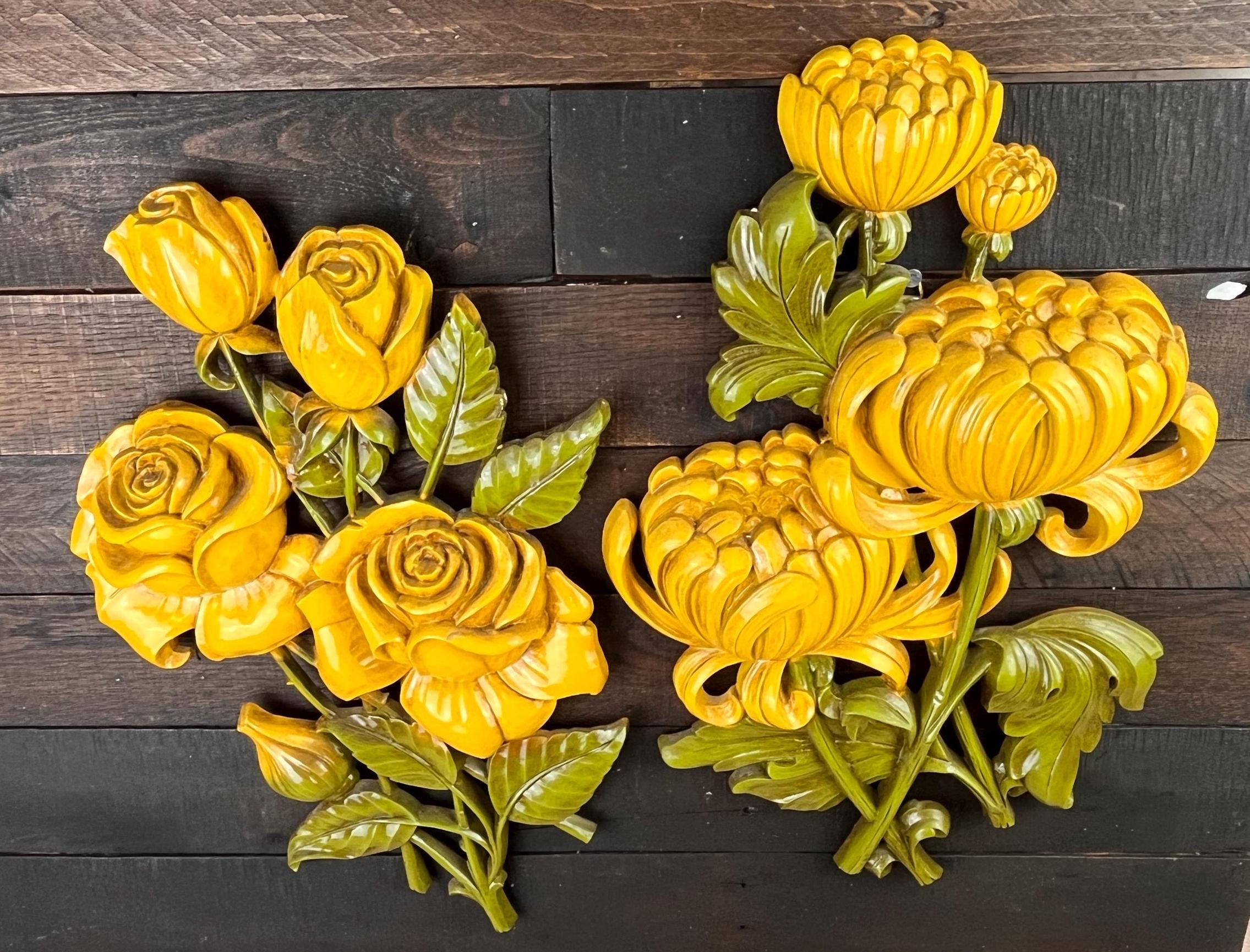 Vintage Floral Wall Hanging Yellow Roses and Mums Syroco Flower