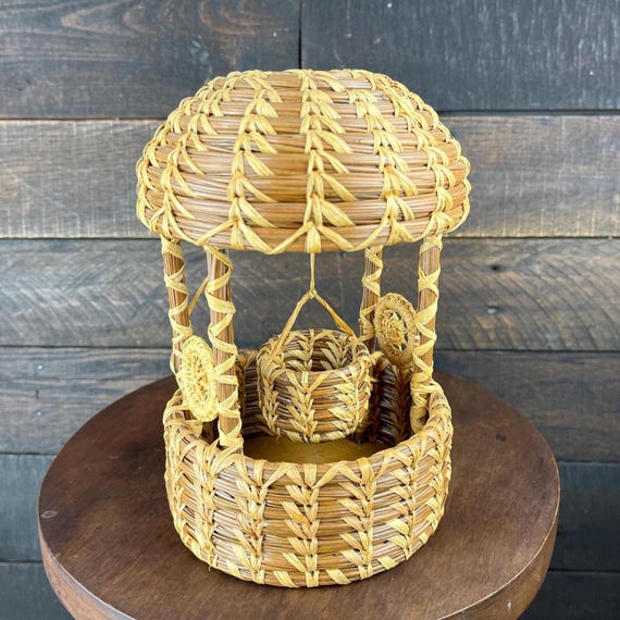 Vintage Wishing Well Coiled Pine Needle Handwoven Laced Medallions Filipino Folk Art Basket Decor