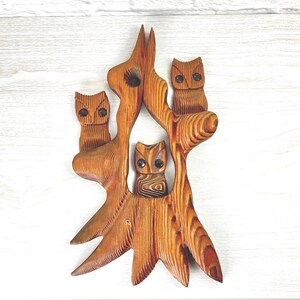 Vintage Wooden Owl Wall Hanging 3 Night Owls Perched in a Tree Large Dimensional Hand Carved Pyrography Wood Folk Art 1970s Boho Fall Décor